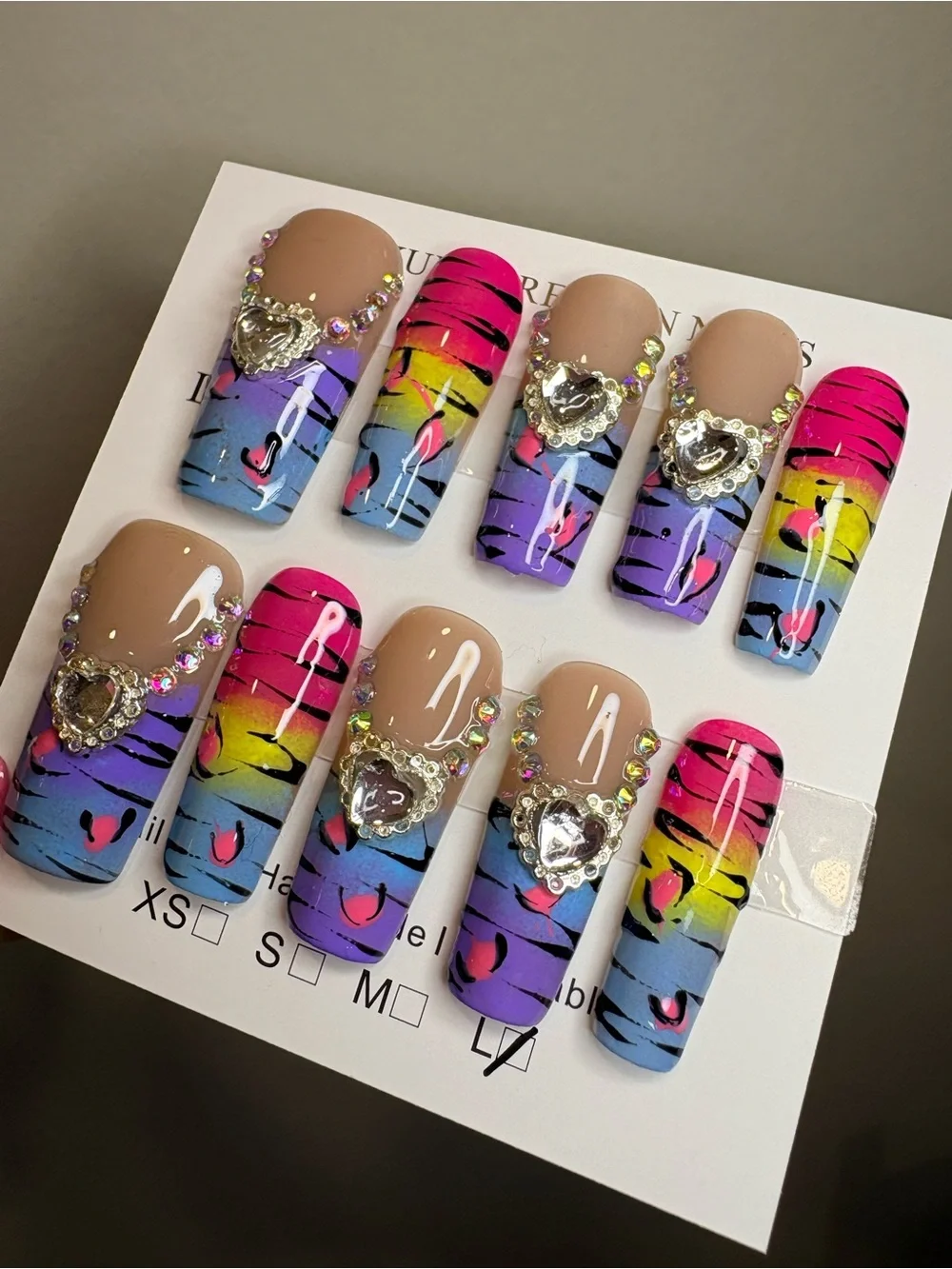Vibrant Ombre Leopard Press-On Nails with Rhinestone Hearts